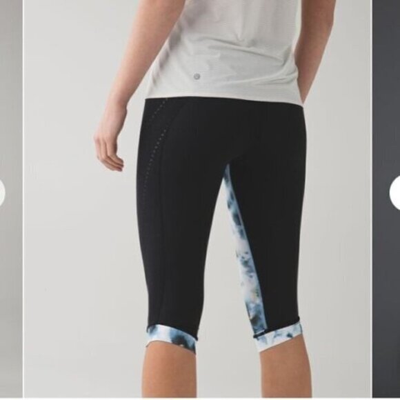 Lululemon leggings Stop At Nothing Crop Black Blooming Pixie Aquamarine size 6 - Picture 4 of 15